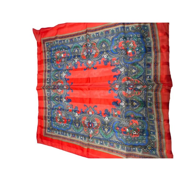 Vintage Floral Paisley Square Scarf 30x30 Light Sheer Polyester Red Blue Italy - Picture 2 of 5